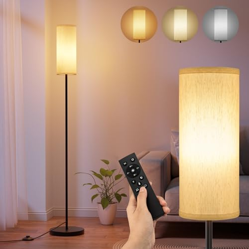 BokiHuk Stehlampe Wohnzimmer Dimmbar mit Fernbedienung 160cm, Modern Standleuchte ecklampe mit 3 Farbwechsel & Fußschalter, Beigen Leinen-Lampenschirm & E27 LED Glühbirne für Schlafzimmer Stehlampe