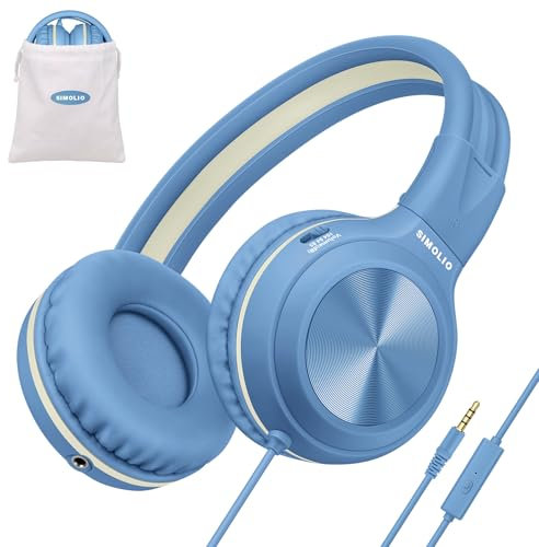 SIMOLIO Headphones Wired, Over-Ear Headphones with Microphone and Volume Limited Foldable Corded Stereo 3.5mm Headset for Smartphones Chromebook Laptop Computer PC Tablets Travel (Blue)