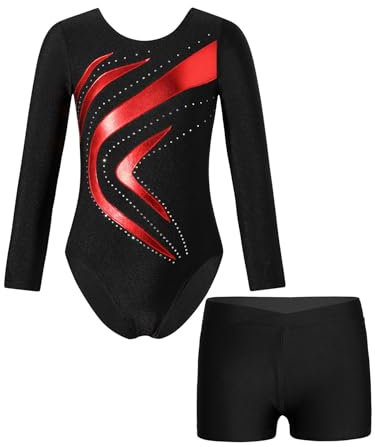 Aislor Kinder Gymnastikanzug Mädchen Glitzer Turnanzug Langarm Tanzbody mit Gymnastik Shorts Strass Turnbody Ballett Trikotbody Ballettkleidung Dancewear Rot 158-164
