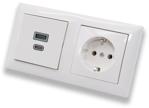 EBROM USB-C und USB-A Unterputz Steckdose/Lader, 45+15 Watt Leistung – Schnellladefunktion für Wearables, Smartphones und Tablets mit Busch Steckdose 20EUC-914 in Balance Si alpinweiß