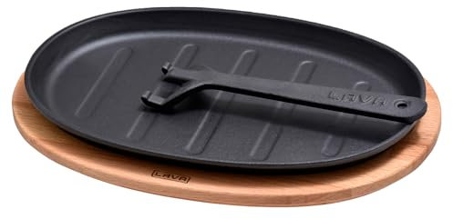 LAVA Guss Oval Fajita Teller Buche Servierholz Größe 18x28cm. (Externer Pfannenhalter nicht enthalten.)