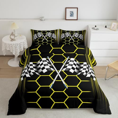 Manfei Bettwäsche-Set für Jungen und Mädchen, Motiv: Rennwagen, karierte Flagge, Schlafzimmer-Dekor, gelbe Wabengeometrie, weiche Mikrofaser