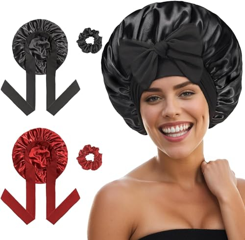 FOLAI 2 Stück Schlafmütze Satin Bonnet Nacht Schlaf Mütze Verstellbare Schlafkappe Kopfbedeckung Weiche Kopfhaube Schlafhaube Seide mit Gummizug für Damen und Mädchen…