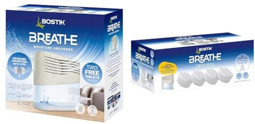 Bostik Breathe Dehumidifier, Humidity and Moisture Absorber, For Use Around the Home and in Caravans & Breathe Dehumidifier Refill Tablets, Dye-Free and Fragrance-Free, Cover Areas Up to 25m2