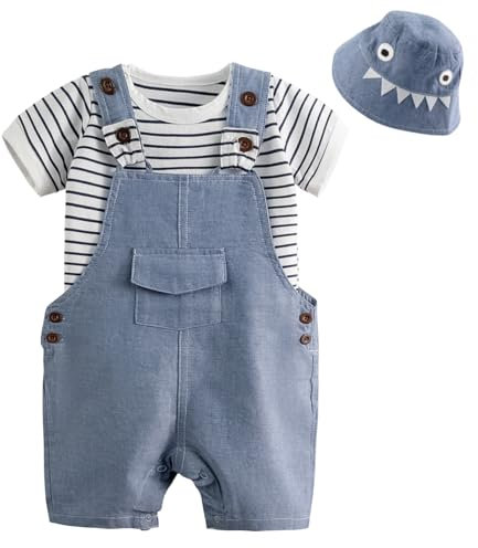Volunboy Completi Estivi Bambino, Unisex Set di 3 Maglietta a Maniche Corte e Salopette Dinosauro con Cappelli Carino Abito Neonato Tuta(Strisce Blu,12-18 mesi,Taglia 80)