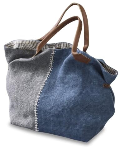 LOBERON Tasche Deux-Parts ,  blau/grau | stilvolles Interieur, Griffe aus echtem Leder, Strapazierfähige Jute, Gestreiftes Futter