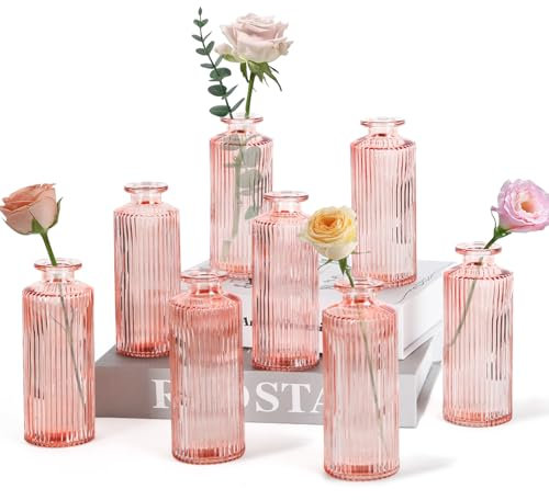 Sawoake Kleine Vasen, 8 Stück Glasvasen für Tischdeko Mini Vasen Glasfläschchen für Zuhause, Hochzeiten, Geburtstage, Feste (Rosa Vertical)