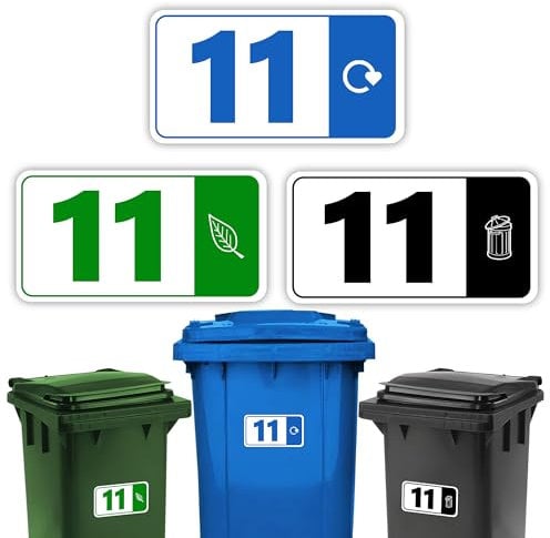3 x Bin Numbers for Wheelie Bins, 1-99, ‘Waste Icon’ Design, 10x19cm Dustbin Stickers, Easy Application Stick On Number Stickers - Weatherproof Self Adhesive Vinyl – Blue, Black and Green (11)