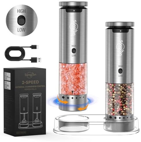 Sangcon Electric Salt and Pepper Grinder Set 2-Speed Rechargeable, 6-Levels External Adjustable Coarseness, Automatic Salt Pepper Mill Grinder Set with Storage Base, One-Handed Operation, Silver