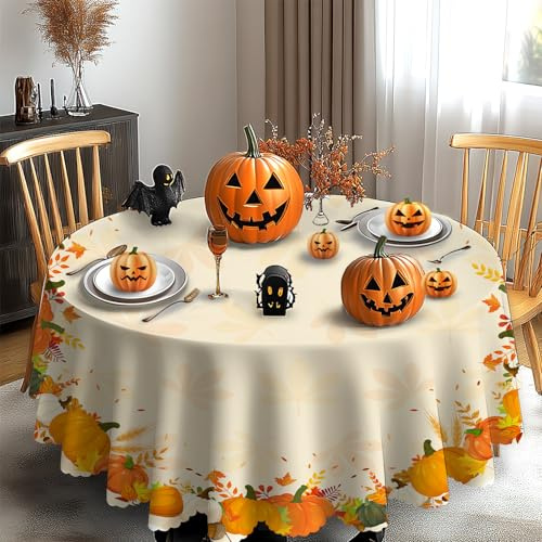 iEvery Tischdecke Herbst Rund 150, Erntedankfest Herbsternte Orange Kürbis Tischdecke, Gartentischdecke Abwaschbar Outdoor Wetterfest Table Cloth für Party Halloween Urlaub Dekoration