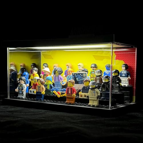 Minifiguren-Vitrine mit LED-Lichtern - Klare staubdichte Acryl-Displaybox - Abnehmbarer und frei montierter Ziegelsockel (Gelb)