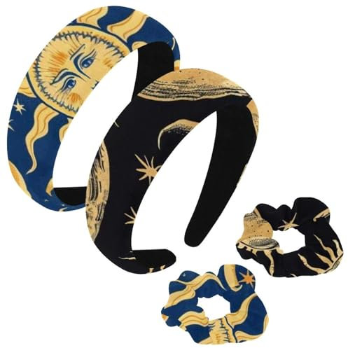 etoenbrc 2 Stück Polyester Breite Stirnbänder und Haargummi für Frauen, Mond und Sonne Muster Stirnbänder Haarband Mode Anti-Rutsch Haarreifen für Mädchen Frauen Haarschmuck