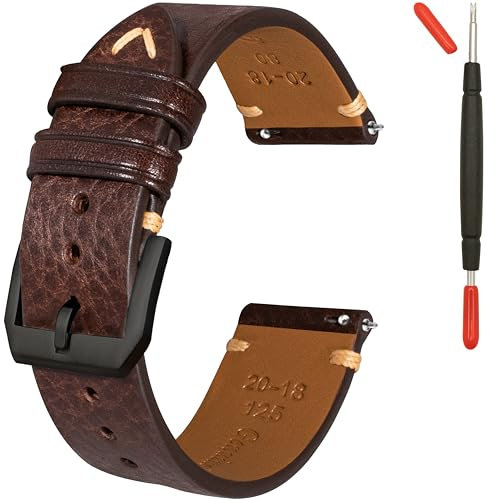 Gomvadr Quick Release Lederarmband, Öl Wachs Leder Uhrenarmbänder, Italienische Kalbsleder Uhrenarmbänder Ersatzband für Männer Frauen 16 18 19 20 21 22mm (20mm, Kaffee/Schwarz Schnalle)