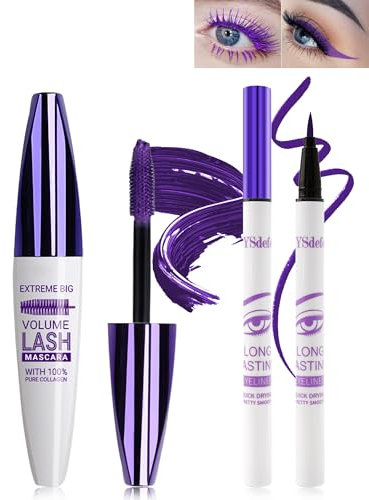 5D Lila Seidenfaser Mascara Und Purple Flüssiger Eyeliner Set,Wasserfester & Wischfester Liquid Eyeliner,Langlebige Volumizing Curling Verlängerung Wimpern Wimperntusche Für Partys Bunt Augen Makeup-5