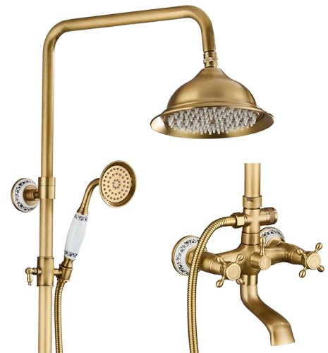 Colonna Doccia con Miscelatore Antico, 3 Funzioni Bronzo Sistema Doccia, 8in/20cm Soffione Doccia, Doccetta con Decorazione in Porcellana Bianca e Blu, Rubinetto per Vasca Girevole a 90°