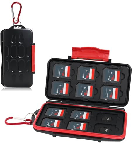 SD Card Holder Case, 24 Slots Memory Card Holder for 12 SD SDXC SDHC Cards and 12 TF Micro SD Cards Waterproof Shock Resistance SD Card Storage Organizer Protector Box with Carabiner Portable