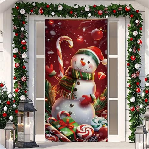 Surwin Colgar Forro Puerta Navidad, Adornos Navidad Decoración Año Nuevo Fiesta Cubierta de Puerta de Navidad, Decoracion Navidad Entrada Exterior Pancarta de Navidad (90x200cm,Muñeco de Nieve)