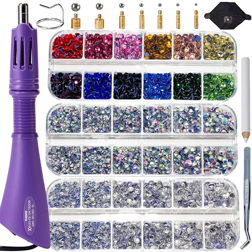 GLOCTO Hotfix Rhinestone Setter with a hot fix applicator Tool and 5,000 Pieces of Rhinestones, Three gem Sizes and Various Tips, Perfect for Adding Sparkle to Clothing, Fabric, and Craft Projects