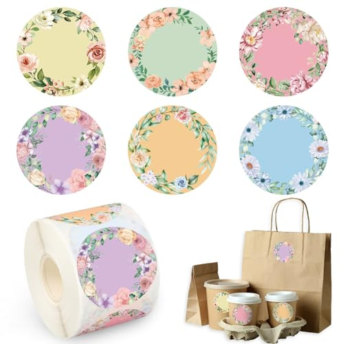 FYSUIMU 500 etiquetas adhesivas florales para frascos, coloridas etiquetas de regalo de flores vintage, etiquetas de papel redondas en colores pastel para botella de salsa de dulces de cocina