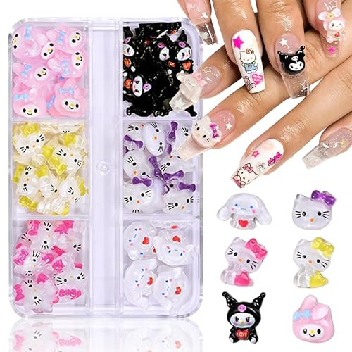3D Cartoon Nageldekoration - 48 Pcs Kawaii Kitty Charms Nägel, Schleifenknoten-Nagelstecker-Strasssteine Nail Art Charms, Cartoon-Kätzchen Hund Kaninchen Nageldekorationen Aus Harz von DIY (Color A)