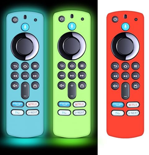 (3 Pack) CLVIZCXOM Silicone Remote Cover for F-ire sti-ck 3rd Gen with Alexa Voice Remote 4K, F-ire TV S-tick Cover, Anti Slip Shockproof Silicone Protective Case(Red + Glow Blue + Glow Green)