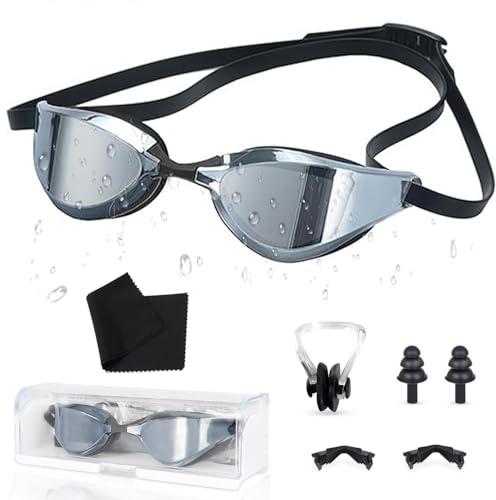Gafas de Natación Polarizadas Unisex Adulto, Gafas Piscina Con un Paño Espejo Antivaho Anti UV Correa Ajustable Puente Nasal Reemplazable Gafas Natacion Arena Adulto Adolescente, Negro Plateado Rojo