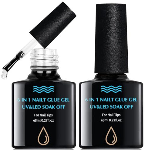 2 Pièces 8ML Colle Faux Ongles Gel 6 en 1,Longue Duré Nail Extend Gel UV/LED Onglerie,Base Gel Pour Pose Ongles,Colle Nail Bond Faux Ongles pour Renforçateur et Réparer des Ongles