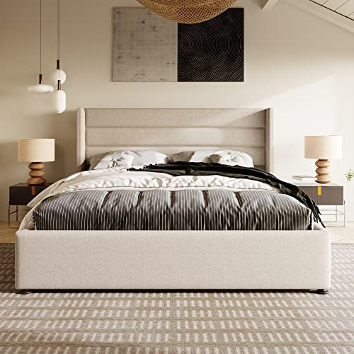 GYNGTLC Lattenrost aus Holz, Bett mit Lattenrost aus Metallrahmen, Skandinavisches Bettgestell, stilvolles Design! (Hellbeige-Ohne Matratze, 140 * 200cm)