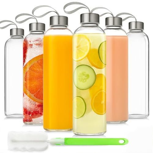 UPBUD 530ml Glas Saftflaschen mit Deckel und Trageschlaufe Wiederverwendbare Glasflaschen BPA-frei Auslaufsicher Weite Öffnung für Smoothies Tee Kaffee Kaltgetränke Kühlschrankgeeignet, 6 Stück