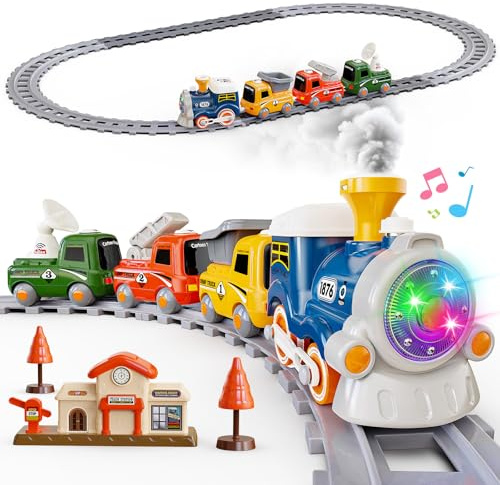 Hot Bee Eisenbahn Kinder Elektrisch, Zug Spielzeug für 3 4 5 6 Jahre | Dampflok Zug mit Licht und Sound, Weihnachtsgeschenke für kleine Kinder Jungen und Mädchen, Elliptische Strecke