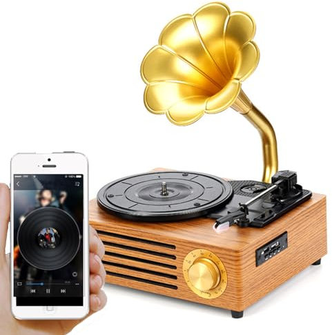 Bluetooth Gramophone Vinyl Record Player, Horn Shape with Built-in Stereo Speakers, SD Card Player, 3 Speed Settings for Hotels, Clubs, Bars, Yoga Studios