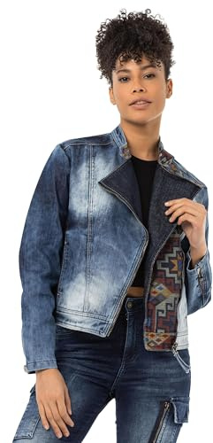 Cipo & Baxx Damen Jacke CJ228 Blau – Stylische Jeansjacke im Modernen Casual Streetwear Design mit Ethno-Muster, Reißverschluss & Taschen – Übergangsjacke für Alltag & Freizeit - CJ228 Blau M