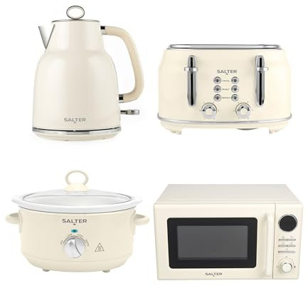 Salter Retro Cream Kitchen Set – 1.7L 3kW Kettle, 4-Slice Toaster with 6 Browning Levels, 20L Digital Microwave Oven with 25.5 cm Glass Turntable, Slow Cooker with 3 Heat Settings & Tempered Glass Lid