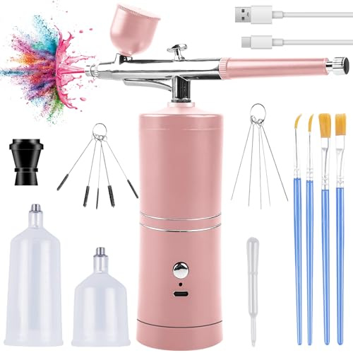 Wireless Airbrush Set with Compressor, Portable Battery Airbrush Kit, Rechargeable Handheld Airbrush Gun + Cleaning Accessories for Makeup, Nail Design, Cake Decoration & Model Painting (Pink)