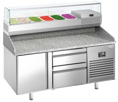 GGM Gastro | POI157T1S2313#AGI153 | Pizzakühltisch Premium PLUS - 1490x700mm - mit 1 Tür & 2 Schubladen - inkl. Kühlaufsatzvitrine - 6x GN 1/4
