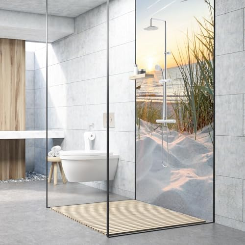 Dedeco Premium Bad Duschrückwand mit Motiv: Sonnenaufgang V1, 90x200cm, wasserfest, hochwertige fugenlose Wandverkleidung aus 3mm-Alu-Verbundplatte, Fliesenersatz ohne Bohren, Made in Germany
