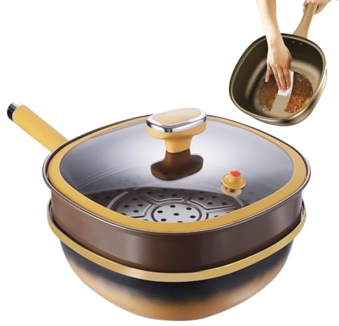 12in Titanium Alloy Non Stick Pot with Lid, Deep Skillet Titanium Frying Pan, Titaniums Pans for Cooking, Kitchen Accessories for Home Cooking Eggs Pancake Baking(with Steamer)