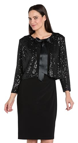 R&M Richards Women's Sequin Evening Bolero Jacket W/Satin Bow Closure - Long Sleeve Dressy Cover Up Shrug for Formal Events