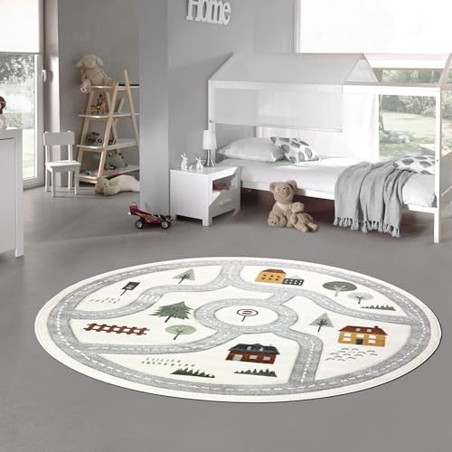 Teppich-Traum Tapis pour enfant Tapis pour chambre d'enfant rond Motif de rue Plan de la ville Tapis de rue Doux Robuste Facile à entretenir Tapis de jeu pour chambre d'enfant Salle de jeux Crème