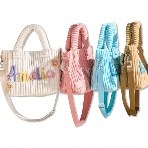 MEIEG Personalisierte Cord-Umhängetasche Mit Namensaufdruck, Kleine Damen-Tragetasche, Schultertasche Mit Verstellbarem Riemen Für Mädchen, Ideal Für Reisen Und Shopping