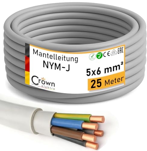 NYM-J 5x6mm² Kabel - 25m Mantelleitung nach VDE 0250-204 Feuchtraumkabel | Elektrokabel 5-Adrig Kupfer Volldraht | Stromkabel für Elektroinstallation in Hellgrau PVC Mantel