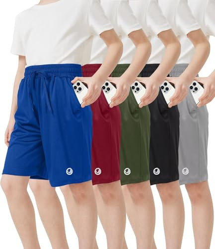 OCYMA Lot de 5 shorts de sport pour garçons avec poches, shorts à séchage rapide, pantalon de basket-ball, de football, pour la course à pied, la salle de sport