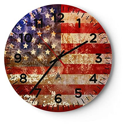 Modern Wanduhr Amerika Flagge national patriotisch 40x40cm Rund Groß Wand Uhr Glas Analog Zimmeruhren Küche Büro Wohnzimmer Glasuhr Wall Clock Dekoration Design Wanddekoration Küchenuhr C4AR40x40-3084