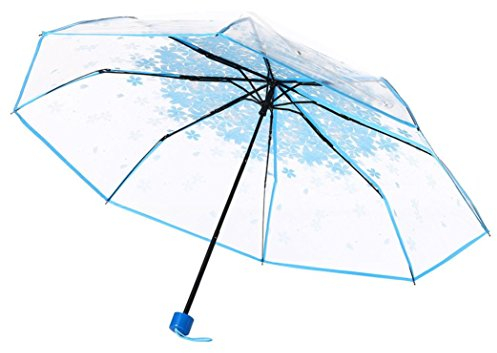 Taschenschirm Transparent, Regenschirm Durchsichtig, Sakura 3 Falten Regenschirm Transparenter Schirm, Stabil, Faltbar für Reisen und Outdoor (Blau)
