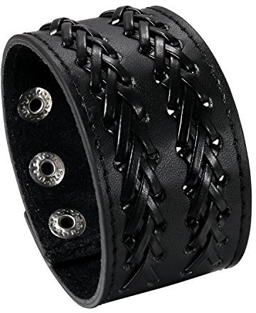 Flongo Herren Lederarmband, Groß Breite Leder Echtleder Armband Armreif Manschette Kreuz Geflochten Schwarz Punk Rock Biker Motorradfahrer Einstellbar Verstellbar Herren Accessoires