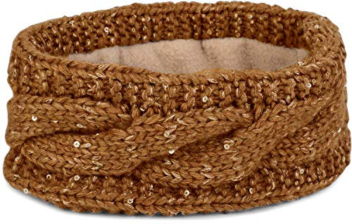 styleBREAKER Damen Stirnband Grobstrick mit Zopfmuster und Pailletten, warmes Fleece Innenfutter, Haarband, Headband 04026002, Farbe:Braun