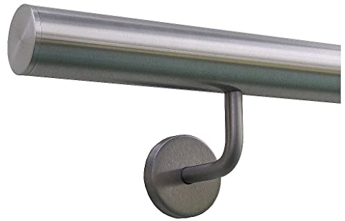 TIBU Handlauf Edelstahl 33,7 mm Geländer 0,3m - 6m, Länge 300 cm, Ende gerade Kappe und gewinkelte Halter