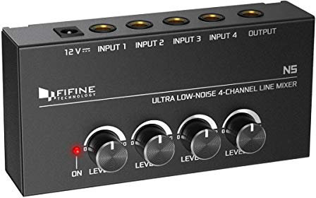 FIFINE Ultra Low-Noise 4-Channel Line Mixer for Sub-Mixing,4 Stereo Channel Mini Audio Mixer with AC adapter.Ideal for Small Club or Bar. As Microphones,Guitars,Bass,Keyboards or Stage Sub Mixer-N5