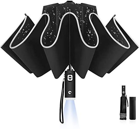 LAMA Regenschirm mit LED Licht 105cm Taschenschirm Sturmfest Automatik Golfschirm mit Reflexstreifen 10 verstärkte Glasfaser Rippen 210T Winddicht Nylon Schirm Anti-UV Reiseschirm Klappschirm Schwarz