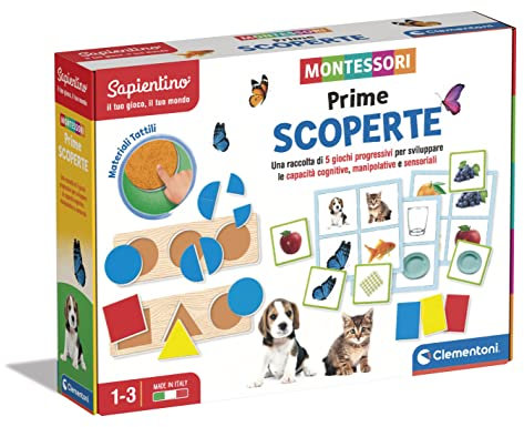Clementoni - Montessori - Erste Entdeckungen, Lernspiel mit Aktivitäten zur kognitiven Entwicklung für Kinder ab 1 Jahren, 16342, Pappscheiben mit taktilen Texturen und Handbuch
